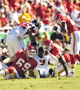 The Atlanta Falcons' Stanley Pritchett catches a pass against the Kansas  City Chiefs during their NFL football game at Arrowhead Stadium in Kansas  City, MO. on October 24, 2004. The Chiefs won