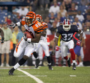 Cincinnati Bengals' Tab Perry (88) is tackled by Buffalo Bills