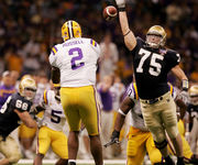 Notre Dame's Jeff Samardzija (83) is lifted by teammate Sam Young (74)  after Samardzija caught a pass for a touchdown against LSU during the first  half the Sugar Bowl football game at