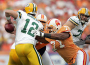 08 NOV 2009: 1979 Tampa Bay Buccaneers Jim Obradovich (86), Danny Reece  (46), Dave Reavis (75) and Cecil Johnson (56) wearing the old jersey before  the game between the Green Bay Packers