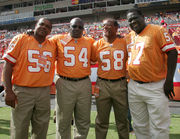 08 NOV 2009: 1979 Tampa Bay Buccaneers Jim Obradovich (86), Danny Reece  (46), Dave Reavis (75) and Cecil Johnson (56) wearing the old jersey before  the game between the Green Bay Packers