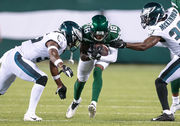 New York Jets quarterback Davis Webb (5) in action during a preseason NFL  football game against the Philadelphia Eagles Thursday, Aug. 29, 2019, in  East Rutherford, N.J. (AP Photo/Matt Rourke Stock Photo - Alamy