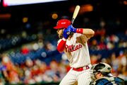 PHILADELPHIA, PA - SEPTEMBER 27: Philadelphia Phillies Outfield Bryce Harper  (3) squats frustrated at first base after being tagged out during the Miami  Marlins game versus the Philadelphia Phillies on September 27