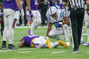 Minnesota Vikings fullback C.J. Ham (30) runs from Indianapolis Colts  inside linebacker Bobby Okereke (58) during