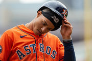 MINNEAPOLIS, MN - APRIL 09: Houston Astros right fielder Kyle Tucker (30)  talks with umpire Mark Carlson (6) after being ejected during the MLB game  between the Houston Astros and the Minnesota