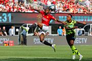 EAST RUTHERFORD, NJ - JULY 22: Takehiro Tomiyasu #18 of Arsenal warms up  prior to the Champions Tour soccer game against Manchester United on July  22, 2023 at MetLife Stadium in East