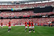 EAST RUTHERFORD, NJ - JULY 22: Takehiro Tomiyasu #18 of Arsenal warms up  prior to the Champions Tour soccer game against Manchester United on July  22, 2023 at MetLife Stadium in East