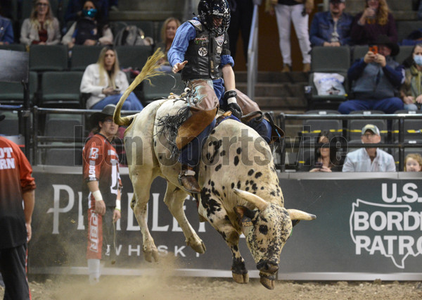 CEDAR PARK, TX - JANUARY 16: Lucas Fideles Souza rides Kangaroo during the  Professional Bull Riders Tour Cedar Park Chute Out on January 16, 2021 at  the H-E-B Center in Cedar Park