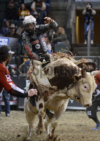 CEDAR PARK, TX - JANUARY 16: Grayson Cole rides Oreo during the  Professional Bull Riders Tour Cedar Park Chute Out on January 16, 2021 at  the H-E-B Center in Cedar Park, TX. (