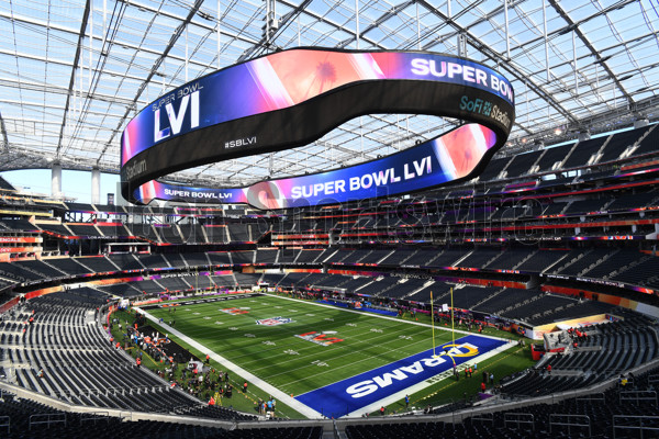 INGLEWOOD, CA - FEBRUARY 13: A general view of the interior of the stadium  and video board prior to Super Bowl LVI between the Cincinnati Bengals and  the Los Angeles Rams on