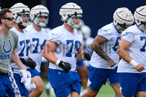 Indianapolis Colts tackle Bernhard Raimann (79) walks to the huddle during  an NFL football game against the Detroit Lions, Saturday, Aug. 20, 2022, in  Indianapolis. (AP Photo/Zach Bolinger Stock Photo - Alamy