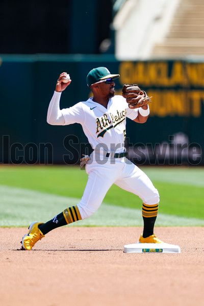 J.J. Bleday of the Oakland Athletics reacts after hitting a ground