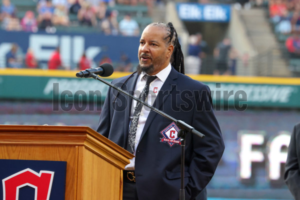 CLEVELAND, OH - AUGUST 19: Manny Ramirez addresses the crowd as he