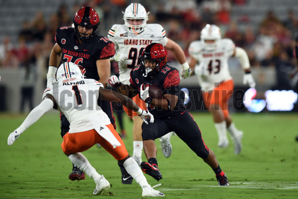 San Diego State running back Jaylon Armstead celebrates after